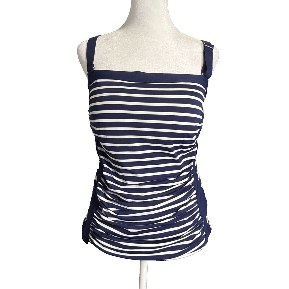 Lands End Navy Striped Tankini Top Sz 8 D Bandeau Neckline Ruching Side Nautical